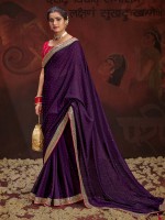 Dark Violet Vichitra Silk Embroidered Saree